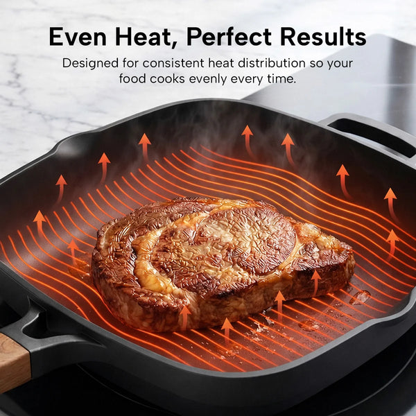 Diamond Earth deep pan with even heat distribution cooking steak evenly across non stick surface