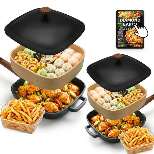 Diamond Earth extra deep dish pan set with bamboo steamer and fryer basket buy one get one free cookware deal