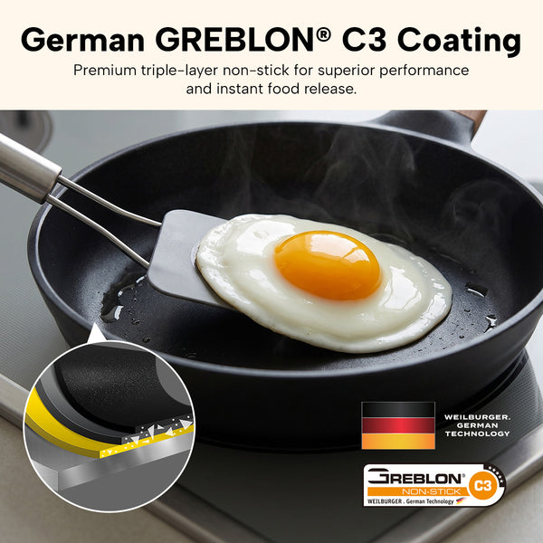 Non-stick frying pan with German GREBLON C3 coating cooking fried egg, premium triple-layer surface