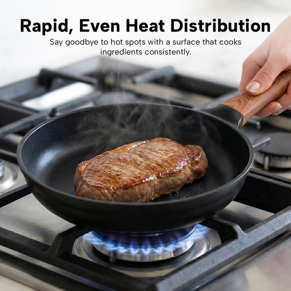 Non-stick frying pan cooking steak on gas stove showing rapid and even heat distribution