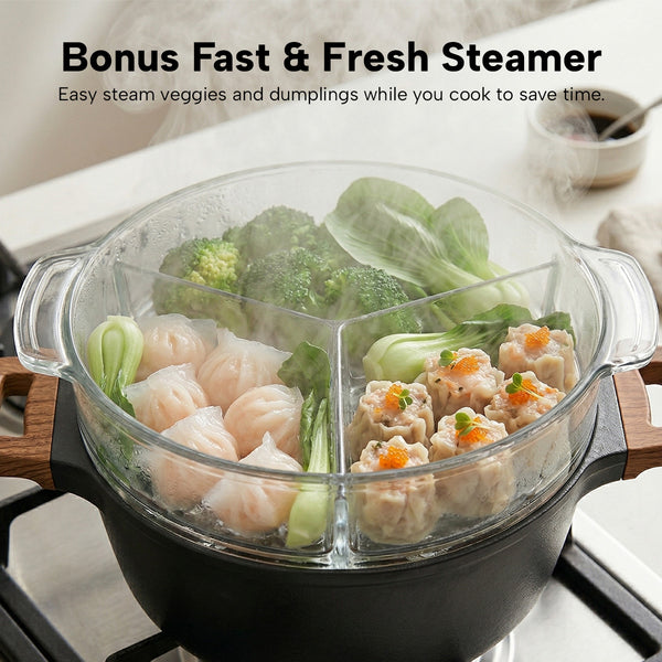 Glass steamer insert with dumplings and vegetables for multi-purpose non-stick cookware set
