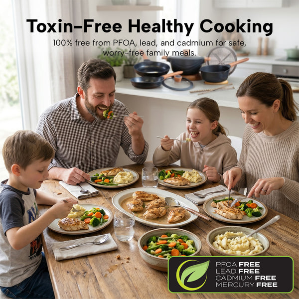 Family enjoying healthy meal cooked with toxin-free non-stick cookware free from PFOA and heavy metals
