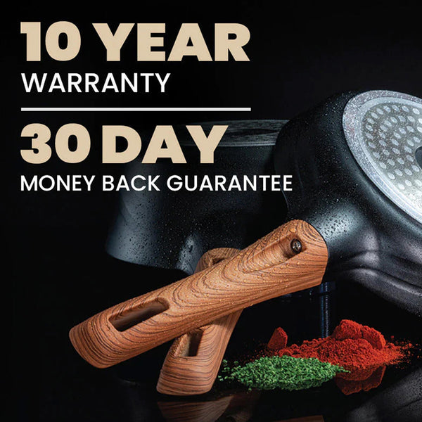 Non-stick cookware set with 10 year warranty and 30 day money back guarantee