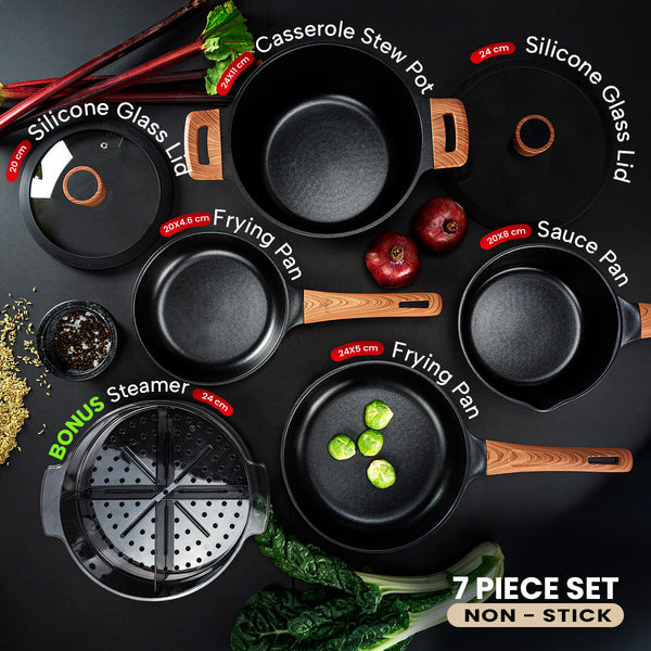 7 piece non-stick cookware set including frying pans, sauce pan, casserole pot and steamer insert