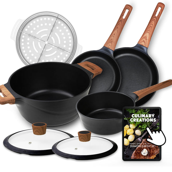Diamond Earth premium non-stick cookware set with frying pans, pot, lids and steamer accessory