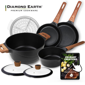 Premium non-stick cookware set with glass lids, steamer insert and digital recipe cookbook