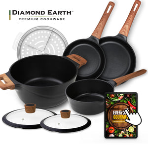 Diamond Earth cookware set with pots, pans, and a cookbook on a white background