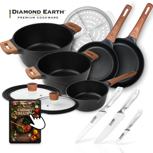 Diamond Earth® Premium Cookware 8pc Jumbo Set with Superior Non-Stick Coating + FREE 3pc Knife Set