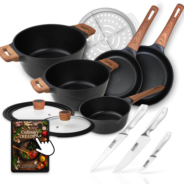 Diamond Earth® Premium Cookware 8pc Jumbo Set with Superior Non-Stick Coating + FREE 3pc Knife Set