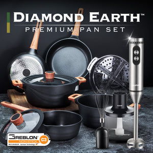 Diamond Earth® Premium Cookware 8pc Jumbo Set with Superior Non-Stick Coating + Mighty Mix™ 3-in-1 Blender Set