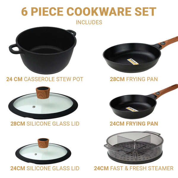 The image shows the Kleva Range Diamond Earth® StackSmart 6pc Cookware Set with detachable handles: includes a non-stick 24cm casserole, 28cm & 24cm frying pans, two silicone glass lids, and a 24cm steamer—Buy one GET ONE FREE!.
