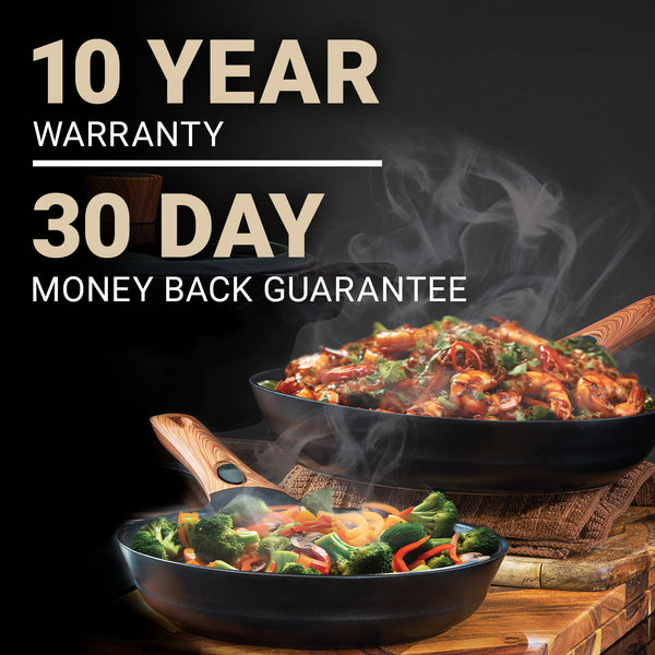 Two Diamond Earth® StackSmart pans with detachable wooden handles from Kleva Range’s 6pc set, filled with vegetables and shrimp, release steam. Text reads: “10 Year Warranty & 30 Day Money Back Guarantee.” Buy one GET ONE FREE!.
