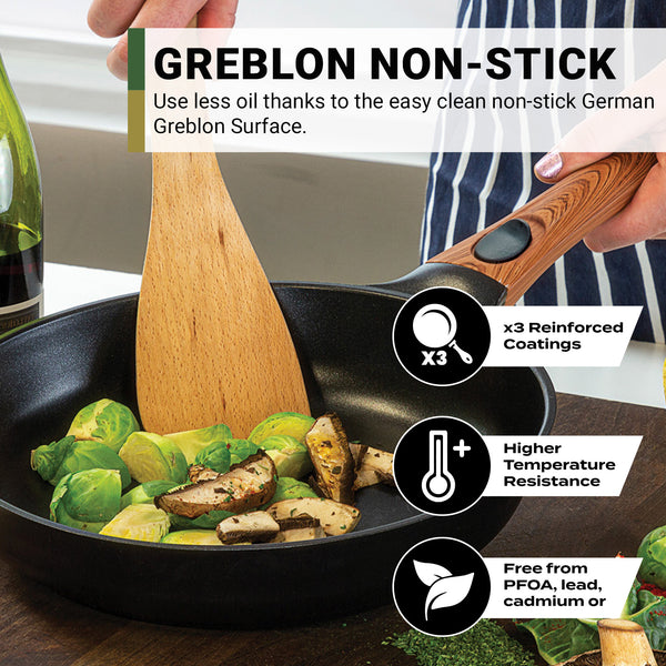 A person stirs Brussels sprouts and mushrooms in a Kleva Range Diamond Earth® StackSmart pan with a wooden spatula. Its German Greblon non-stick surface, durability, heat resistance, and space-saving design are featured. Buy one GET ONE FREE!.