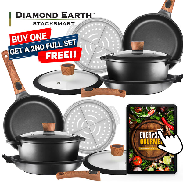The Kleva Range Diamond Earth® StackSmart with Detachable Handles 6pc Cookware Set is displayed with a cookbook on a tablet. A red banner announces: Buy one GET ONE FREE!.