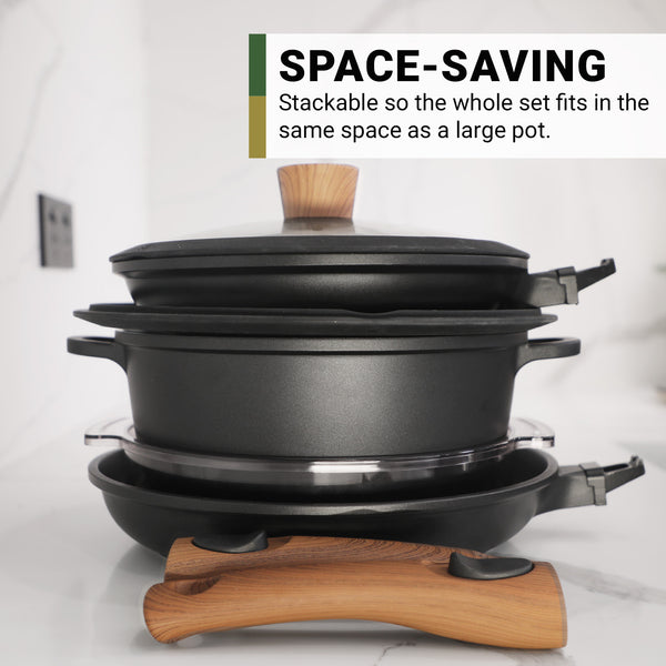 The Kleva Range Diamond Earth® StackSmart 6pc Cookware Set features black non-stick pots and pans with wooden handles and lids. Detachable handles allow the whole set to nest together, saving space. Buy one, get one free!.