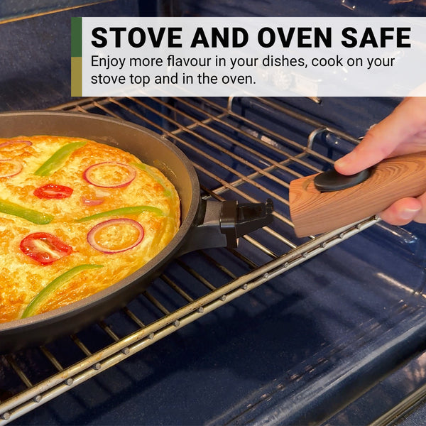 A hand places a cooked pizza in the oven with the Kleva Range Diamond Earth® StackSmart 6pc Cookware Set (Buy one GET ONE FREE!). This non-stick set has detachable handles and is stove and oven safe for easy, flavorful cooking.