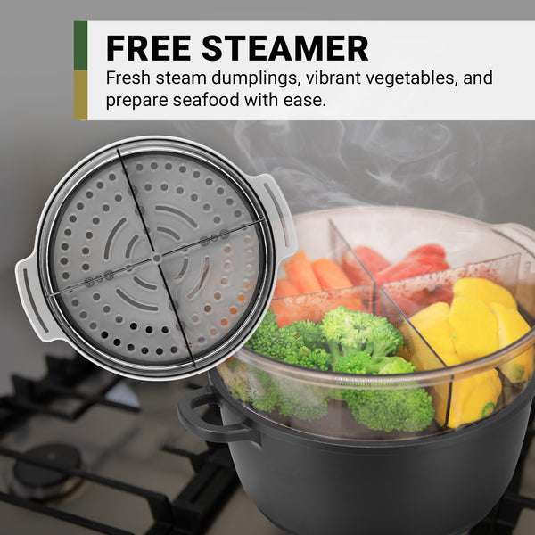 A round, divided steamer basket sits above steaming veggies in a pot on the stove. Text: FREE STEAMER—Add to your Kleva Range Diamond Earth® StackSmart with Detachable Handles 6pc Set. Buy one, get one FREE!.