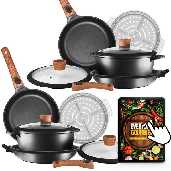 Save space with the Kleva Range Diamond Earth® StackSmart 6pc Cookware Set. Includes stackable non-stick pots, pans, glass lids, metal steamers, detachable handles, and a digital recipe book in a stylish black finish. Buy one GET ONE FREE!.