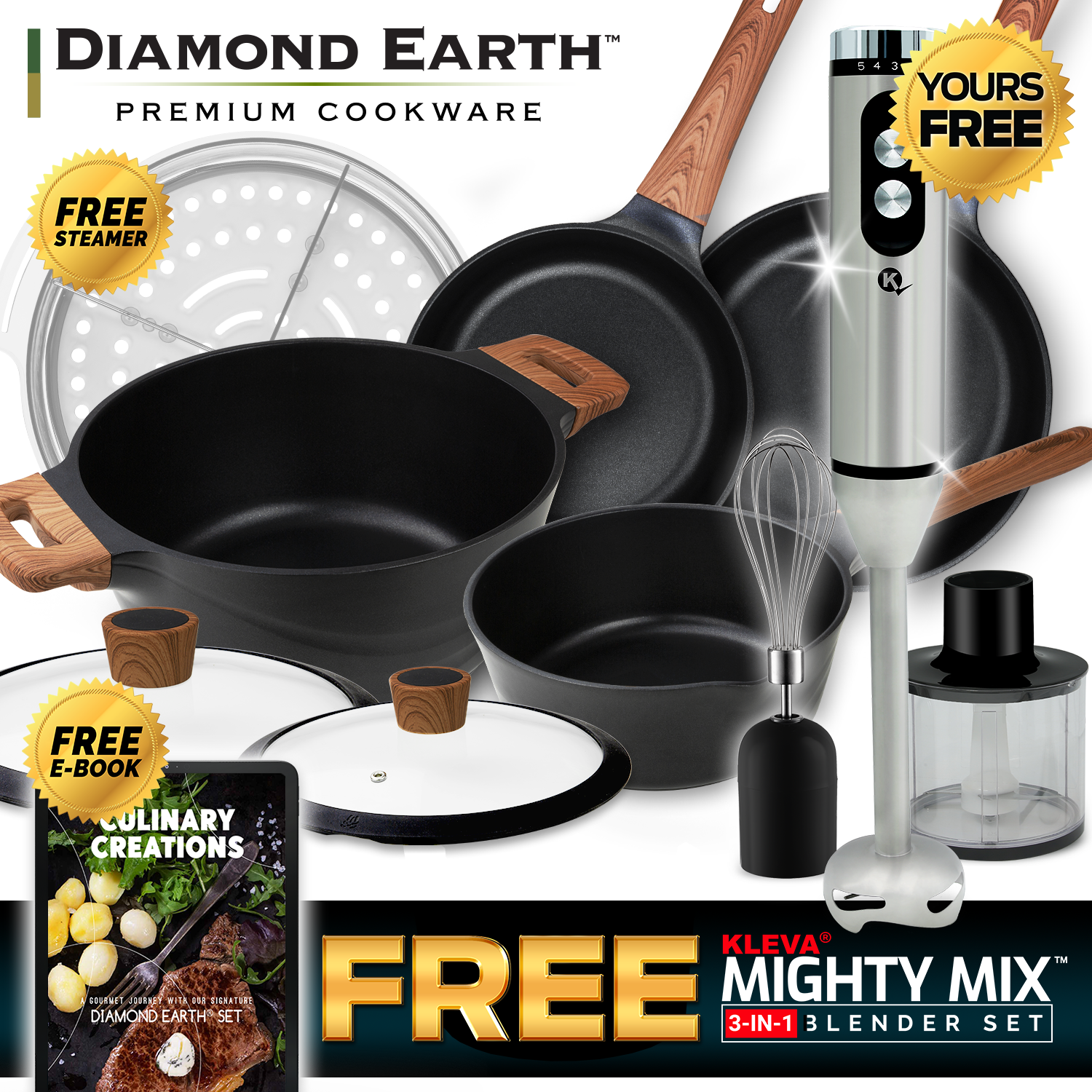 Diamond Earth® Premium Cookware Set with Superior Non-Stick Coating + FREE E-BOOK + FREE Gifts!