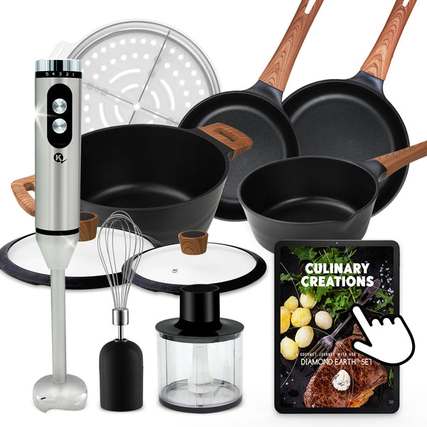 Diamond Earth® Premium Cookware 7pc Set + FREE E-BOOK + Mighty Mix™️ 3-in-1 Blender Set