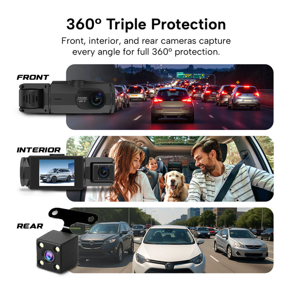 360° dashcam front, interior, rear views.