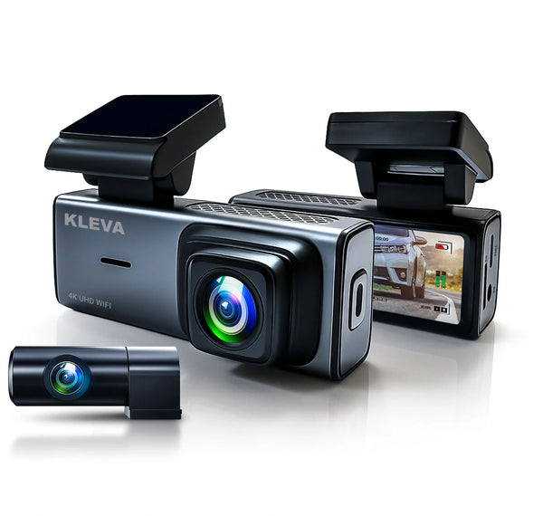 Front and rear 4K UHD dashcam with WiFi and compact windshield mount showing dual camera system for car recording
