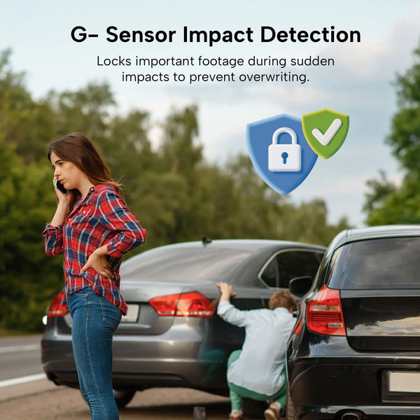 Car accident scene illustrating dashcam G-sensor impact detection that locks important footage to prevent overwriting