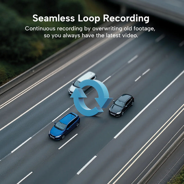 Highway traffic demonstrating dashcam seamless loop recording that continuously records and overwrites old footage
