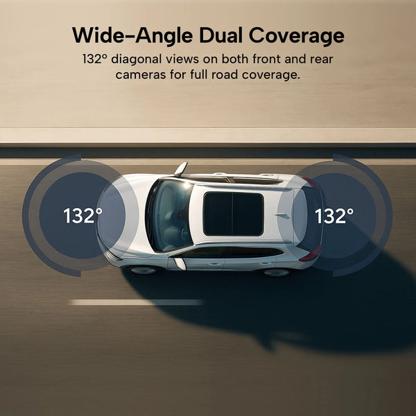 Top view of car showing front and rear dashcam with 132-degree wide angle dual camera coverage