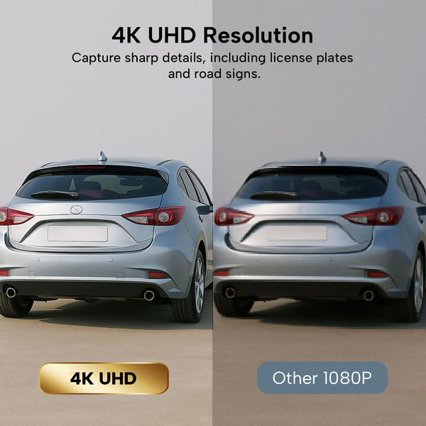 4K UHD dashcam video quality comparison showing clearer license plate detail versus standard 1080p dashcam