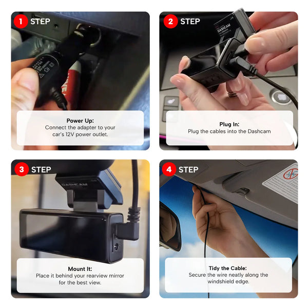 Step by step guide showing how to install a front and rear dashcam in a car using 12V power and windshield mount
