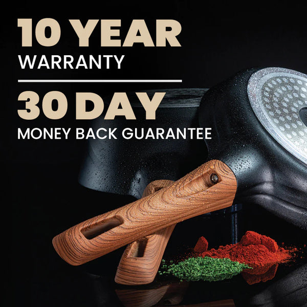 A close-up of the Diamond Earth® Frying Pan 28cm by Kleva Range shows its black finish, wooden handles, green and red spices, a premium GREBLON nonstick coating, plus "10 Year Warranty" and "30 Day Money Back Guarantee" text.