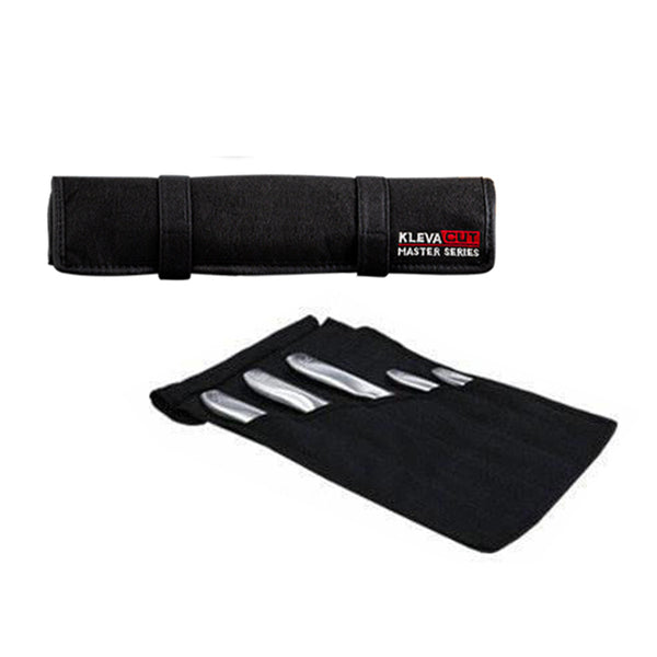 A set of kitchen knives inside a black fabric satchel with the brand name 'KlevaCut' visible on the satchel's strap.
