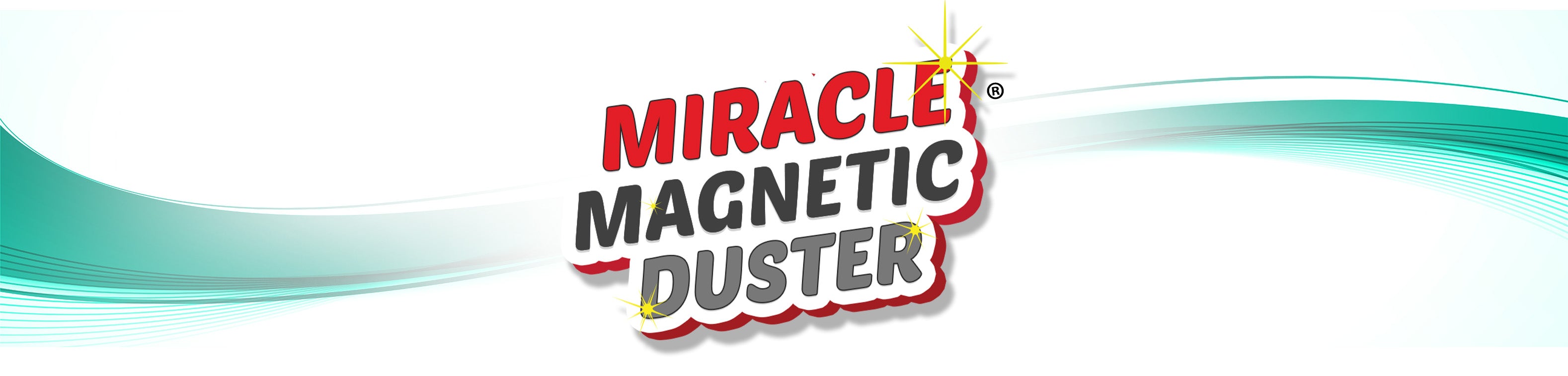 The image shows the words “Miracle Magnetic Duster” in bold, stylized text with sparkles around “Miracle.” The background features teal and white curved lines and a subtle gradient.
