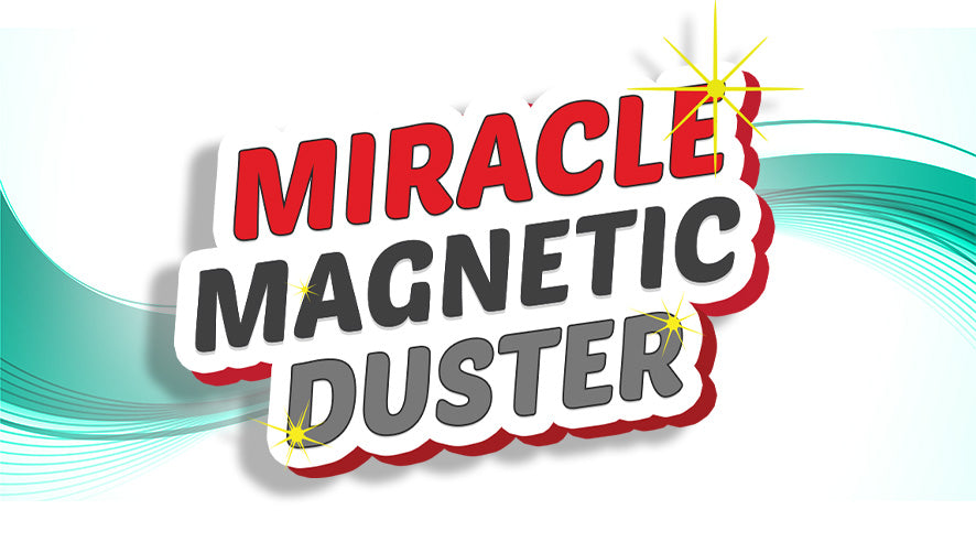 The image shows the words “Miracle Magnetic Duster” in bold, stylized text with sparkles around “Miracle.” The background features teal and white curved lines and a subtle gradient.