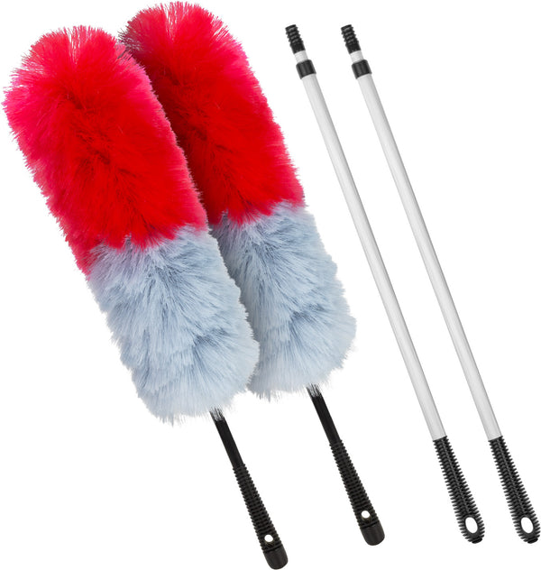 Two Kleva Range Miracle Magnetic Dusters with red and light blue heads and black handles are shown beside two 2-meter-long Kleva Miracle Magnetic Duster® extension poles with black threaded ends.