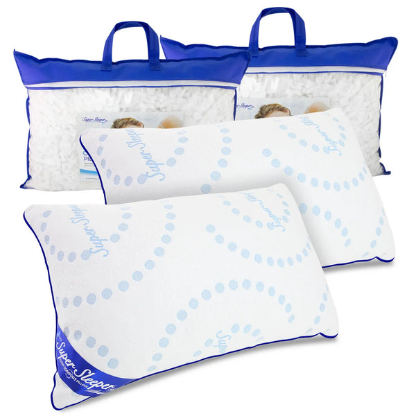 Two Super Sleeper Pro Adjustable Every Comfort Pillows with blue trim and circular patterns are displayed in front of two matching zippered storage bags, each containing extra pillows for a customizable, cooling sleep experience.