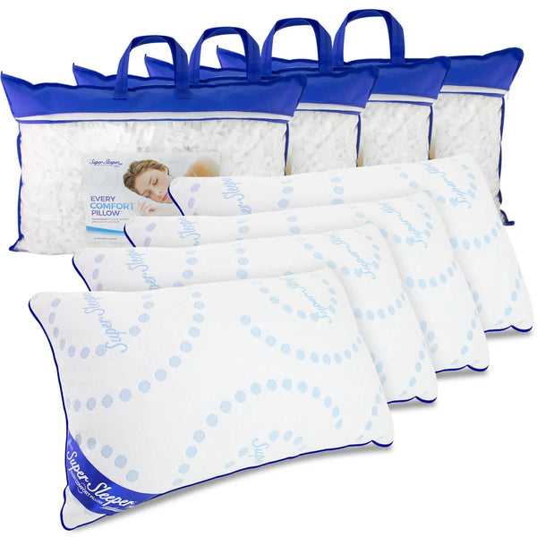 Five white pillows with blue patterns and trim are placed before three branded Super Sleeper Pro bags, each labeled “Super Sleeper Pro Adjustable Every Comfort Pillow With Cooling Technology – TV Double Offer!”.