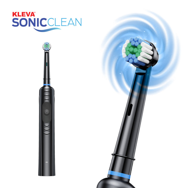 The Kleva Range SonicClean Rechargeable Electric Toothbrush, shown in black with a round, multi-colored bristle head spinning for plaque removal, features its logo in the top left and includes 4 brush heads.