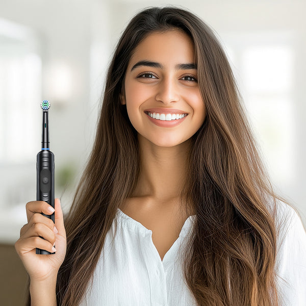 A young woman with long brown hair smiles indoors, holding the Kleva SonicClean Rechargeable Electric Toothbrush by Kleva Range in her right hand, showcasing her bright smile and effective plaque removal with 4 included brush heads.