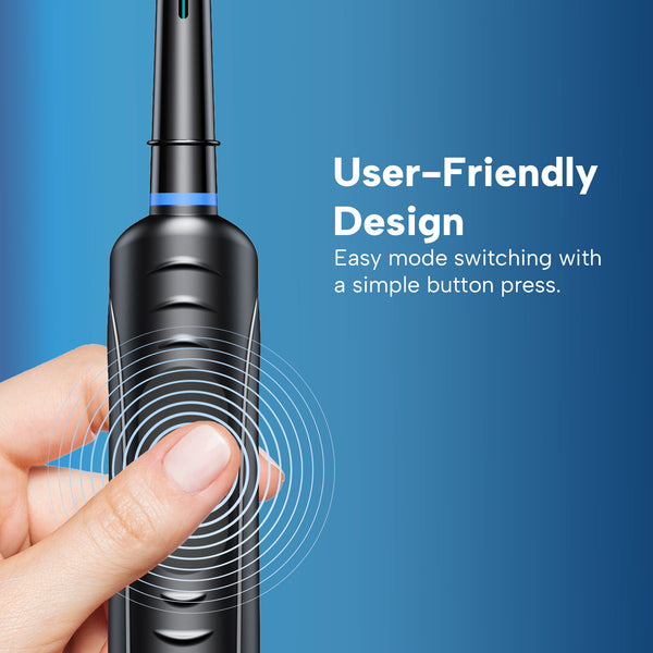 A hand presses a button on the black Kleva SonicClean Rechargeable Electric Toothbrush by Kleva Range. Text reads: User-Friendly Design. Effortlessly remove plaque and switch modes with one button press. Concentric circles on a blue gradient background show the action.