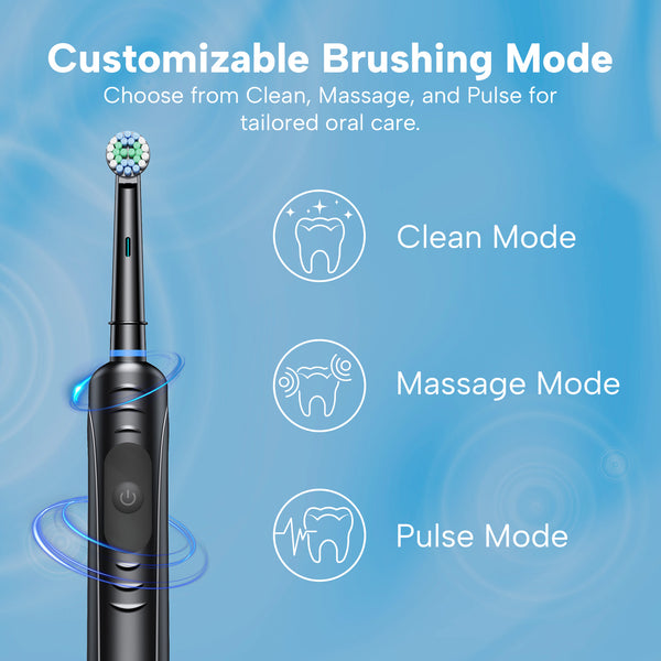 The Kleva Range SonicClean Rechargeable Electric Toothbrush with 4 brush heads stands upright against a blue background. Three brushing modes—Clean, Massage, and Pulse—are shown with white tooth icons for customizable cleaning.