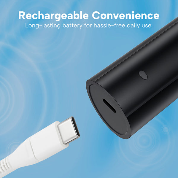 A close-up of the Kleva Range SonicClean Rechargeable Electric Toothbrush with 4 brush heads, featuring a USB-C charging port and cable. Text above reads: Rechargeable Convenience. Long-lasting battery for easy daily plaque removal.