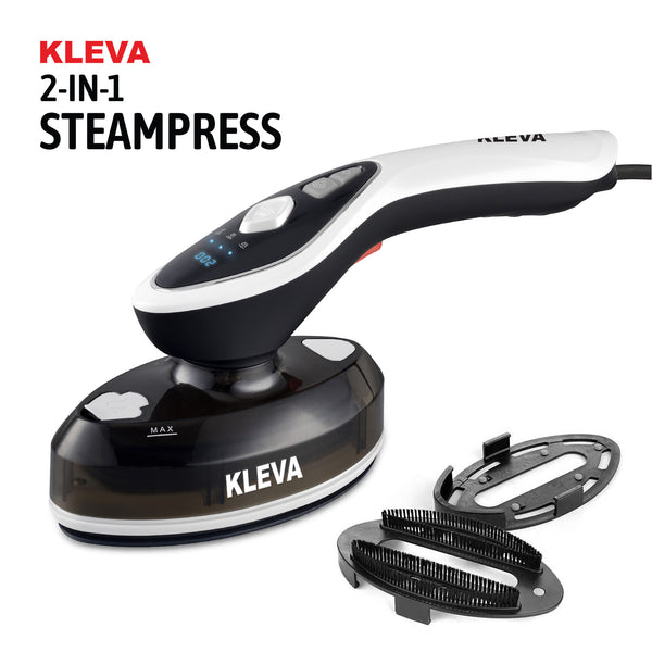 The Kleva® 2-in-1 SteamPress Handheld 1500W Clothes Steamer & Garment Iron by Kleva Range has a digital display, adjustable temperature, “MAX” water tank, detachable brush attachments, visible logo, and comes with a bonus travel bag.