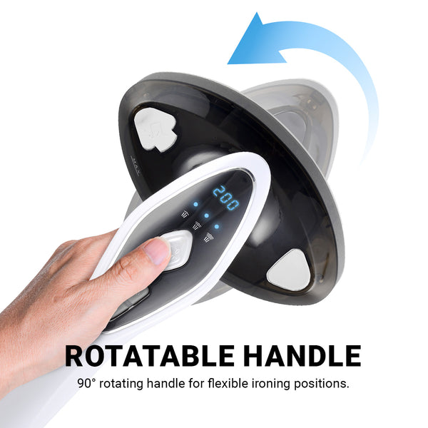 A hand holds the Kleva® 2-in-1 SteamPress Handheld 1500W Clothes Steamer & Garment Iron by Kleva Range, featuring a digital display at 200 and a 90° rotatable handle; a blue arrow shows the handle’s rotation. Text reads ROTATABLE HANDLE.
