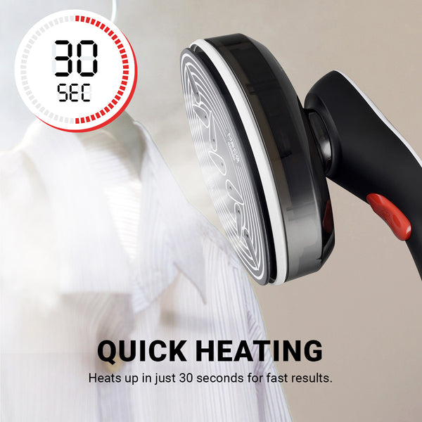 The Kleva Range Kleva® 2-in-1 SteamPress Handheld 1500W Clothes Steamer & Garment Iron heats up in just 30 seconds, releasing steam for fast wrinkle removal. Comes with a bonus travel bag. Timer graphic displays “30 SEC.”.