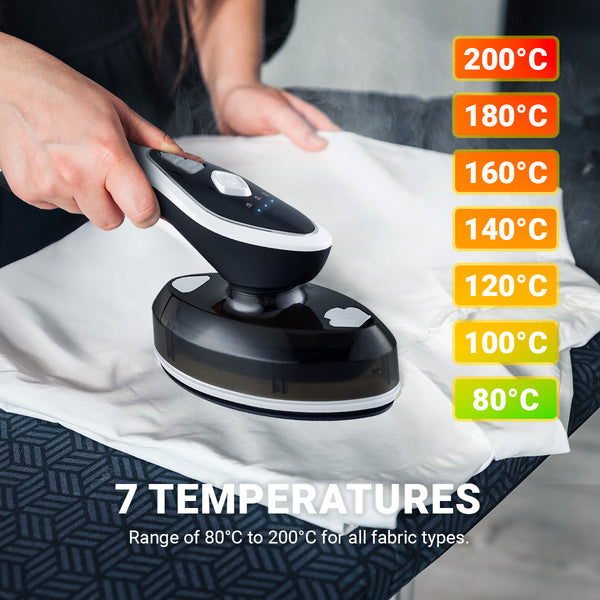 A person uses the Kleva® 2-in-1 SteamPress Handheld 1500W Steamer & Garment Iron by Kleva Range on white fabric. Seven adjustable temperatures (80°C–200°C) shown. Text reads, “7 TEMPERATURES. Adjustable for all fabric types.”.