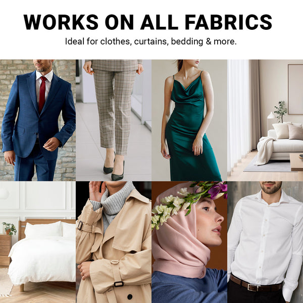 A collage featuring outfits, home linens, and curtains highlights the Kleva® 2-in-1 SteamPress Handheld 1500W Clothes Steamer & Garment Iron by Kleva Range—perfect for wrinkle removal on various fabrics. Bonus travel bag included.
