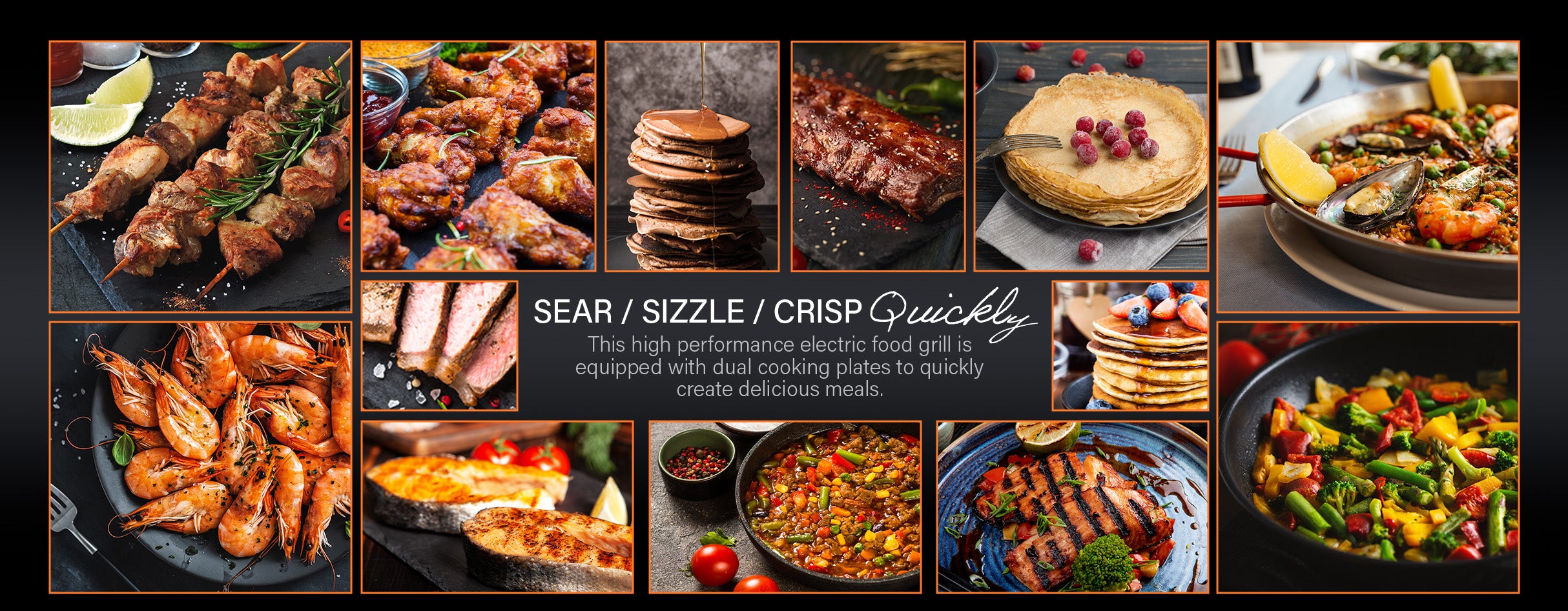 A collage of various cooked dishes including grilled skewers, chicken wings, pancakes, crepes, shrimp, steak, salmon, casserole, and vegetable stir-fry, with a central text about a high performance electric food grill.