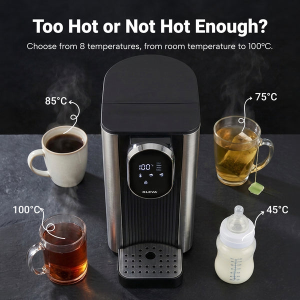 The KLEVA® Instant Hot Water Dispenser Deluxe XXL by Kleva Range is shown with a 4L water tank and digital controls, dispensing four drinks: coffee at 85°C, tea at 75°C, hot water at 100°C, and a baby bottle at 45°C. Text highlights the ability to select from eight custom temperature settings up to a maximum of 100°C.
